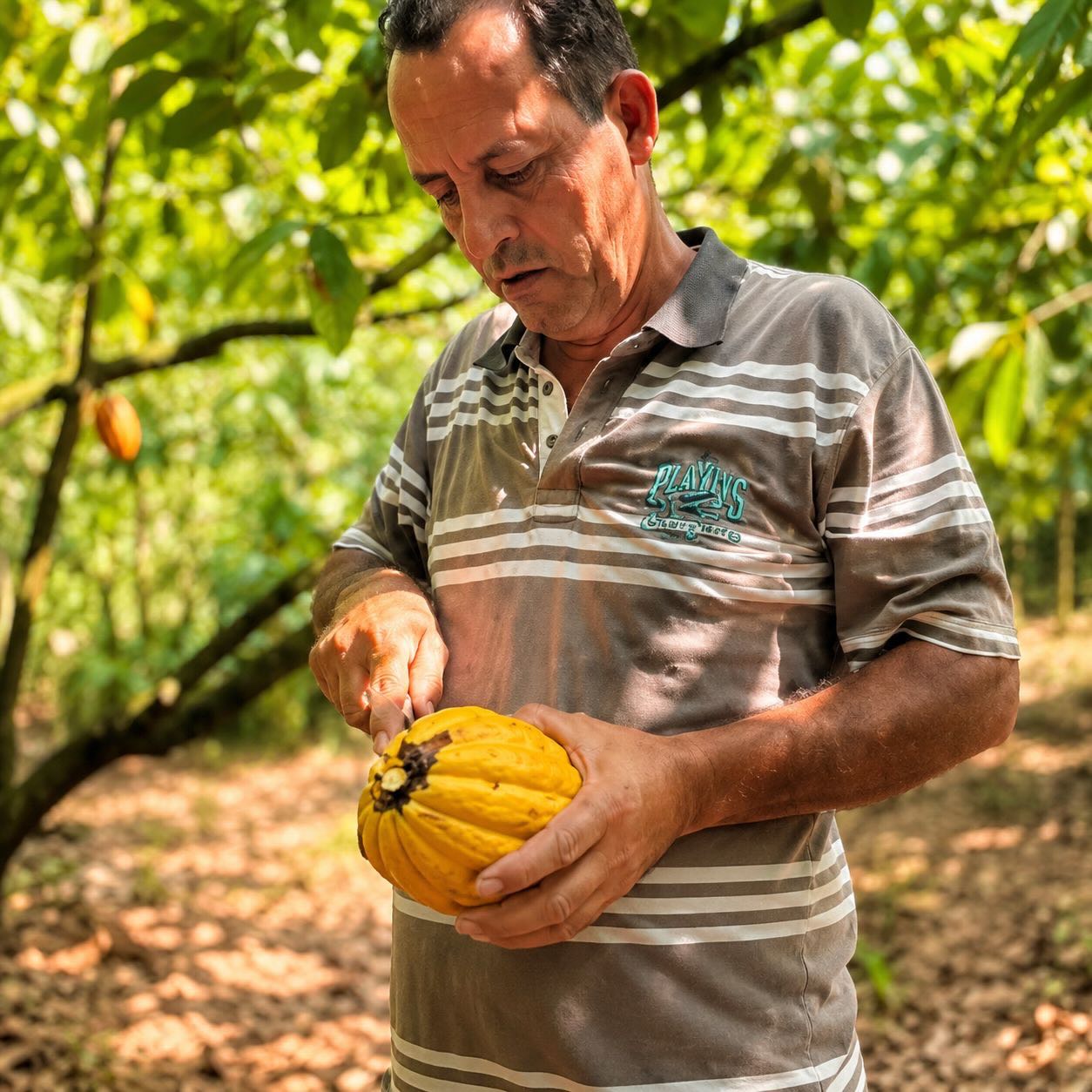 Produtor abrindo um fruto de cacau maduro