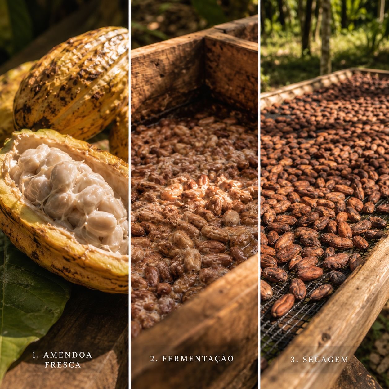 Amêndoas fermentando em caixa de madeira